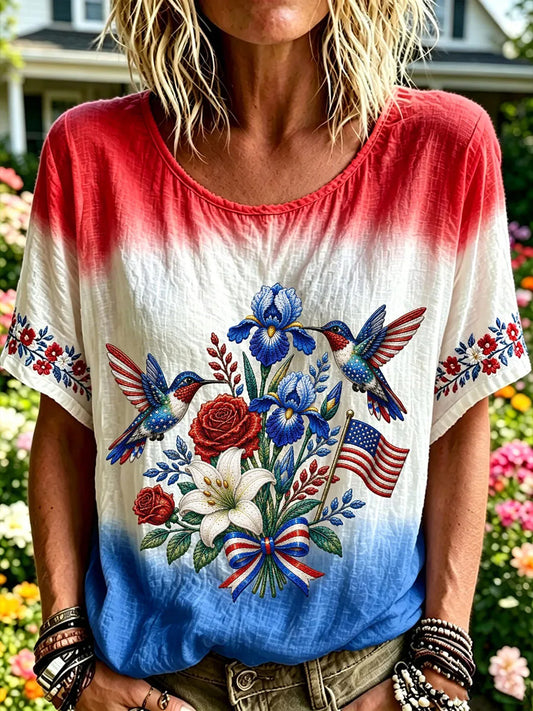 Women's Independence Day American Flag Hummingbird Art Linen short-sleeved Top