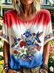 Women's Independence Day American Flag Hummingbird Art Linen short-sleeved Top