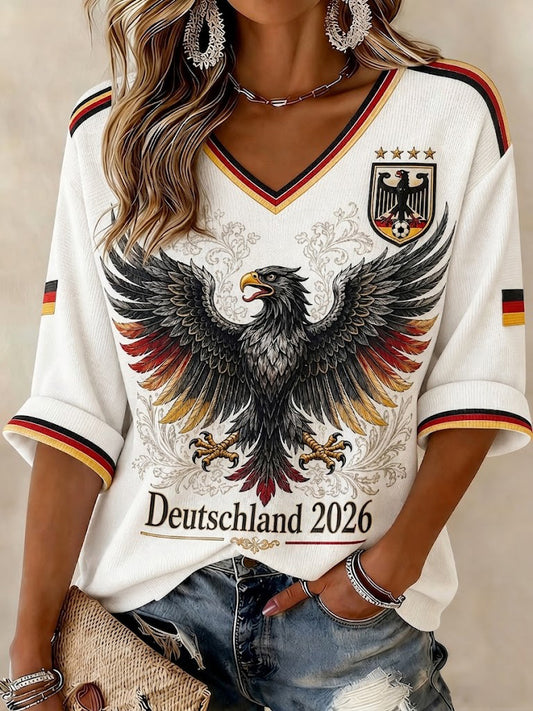 Women's Germany Football Printed Mid-length Sleeves V-neck T-shirt