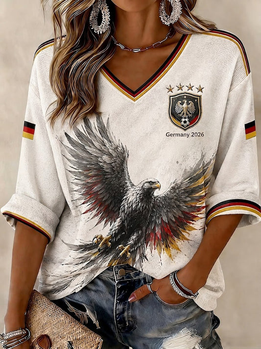 Women's Germany Football Printed Mid-length Sleeves V-neck T-shirt