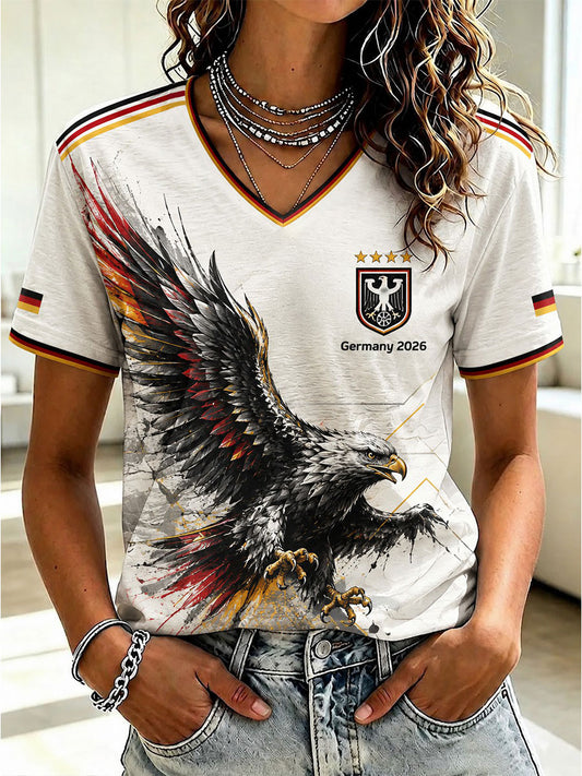 Women's Germany Football Printed  V-neck T-shirt
