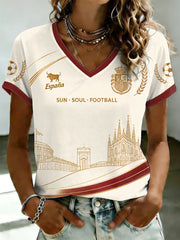 Women's Spanish Football Printed V-neck T-shirt