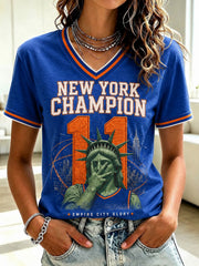 Women's New York Champions 2026 Printed V-neck T-shirt
