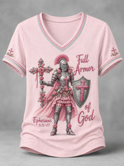 Women's Christian Full Armor Of God Print Casual V-Neck Tee