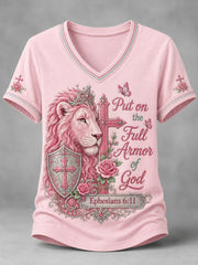 Women's Christian Put On The Full Armor Of God Print Casual V-Neck Tee