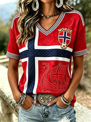 Women's Norway Football Viking Ship Celtic Flag Colorblock Print short-sleeved T-shirt