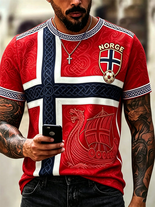 Men's Norway Football Viking Ship Celtic Flag Colorblock Print short sleeves t-shirt