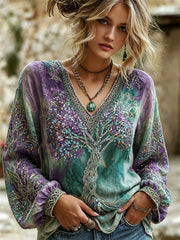 Women's Mystical Glitter Tree of Life Print Gradient Cotton-Linen Shirt