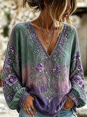 Women's Classy Roses Floral Viking Tree of Life Celtic Print Gradient Cotton-Linen Shirt