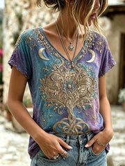 Women's retro viking style pattern printed casual cotton and linen shirt
