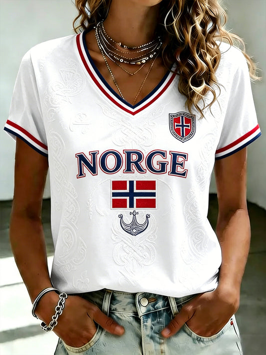 Women's Norge Football Printed V-neck T-shirt