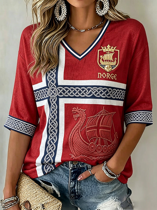 Women's Norway Football Inspired Celtic Print Mid-length Sleeves V-Neck T-Shirt