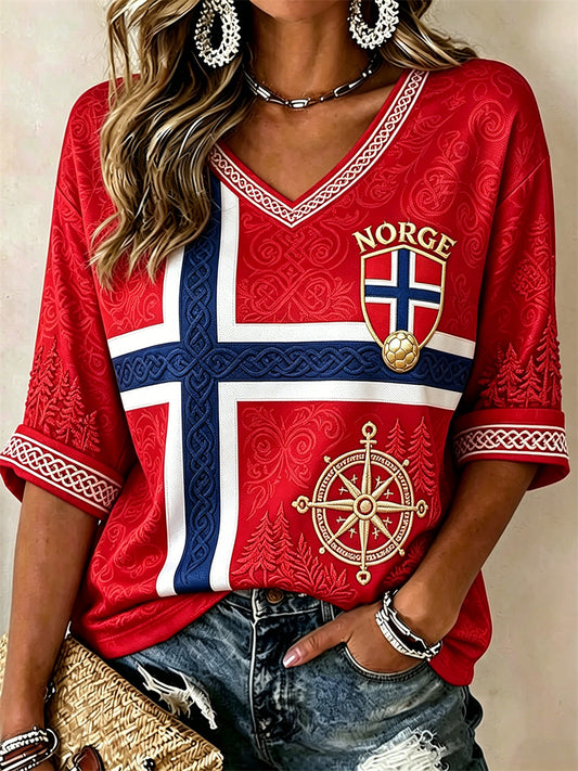 Women's Norway Football Viking Compass Forest Celtic Knot Flag Print Mid-length Sleeves V-Neck T-Shirt