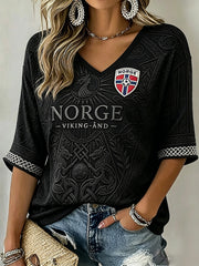Women's Viking Inspired Print Norway Football Fan Mid-length Sleeves V-Neck T-Shirt