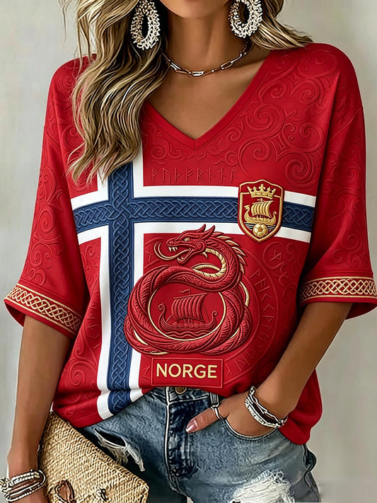 Women's Norway Football Inspired Celtic Dragon Print Mid-length Sleeves V-Neck T-Shirt