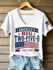 Women's America's Two-Five-O USA Flag Print Casual Patriotic V-Neck Tee