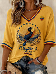 Women's Troupial Venezuela Strong Printed Mid-length Sleeves V-neck T-shirt