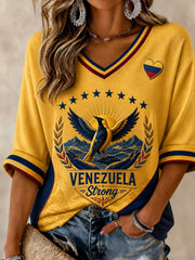 Women's Troupial Venezuela Strong Printed Mid-length Sleeves V-neck T-shirt