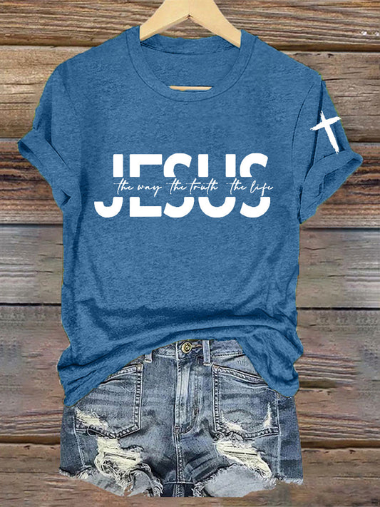 Women's Faith Cross Jesus The Way The Truth The Life Printed Casual  Short Sleeve T-Shirt