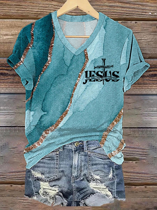 Women's Jesus The Way The Truth The Life Cross Faith Art Print Casual V-Neck Tee