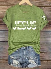 Women's Faith Cross Jesus The Way The Truth The Life Printed Casual  Short Sleeve T-Shirt
