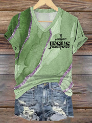 Women's Jesus The Way The Truth The Life Cross Faith Art Print Casual V-Neck Tee