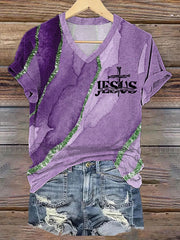 Women's Jesus The Way The Truth The Life Cross Faith Art Print Casual V-Neck Tee