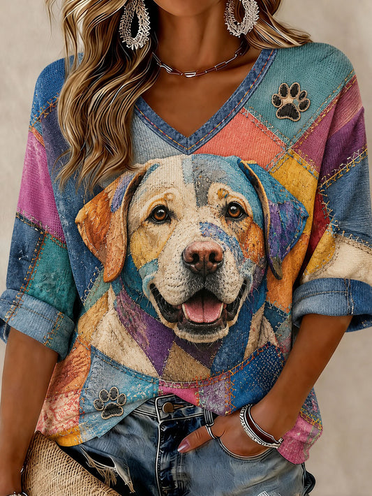 Women's Art Dog Printed Mid-length Sleeves V-neck T-shirt