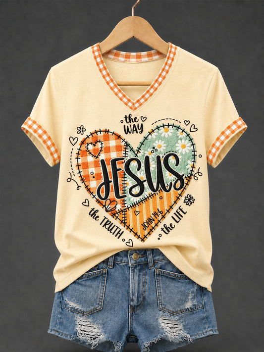 Women's Jesus The Way The Truth The Life Plaid Print Casual V-Neck Tee
