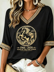 Women's YEAR OF THE FIRE HORSE Mid-length Sleeves V-Neck T-Shirt