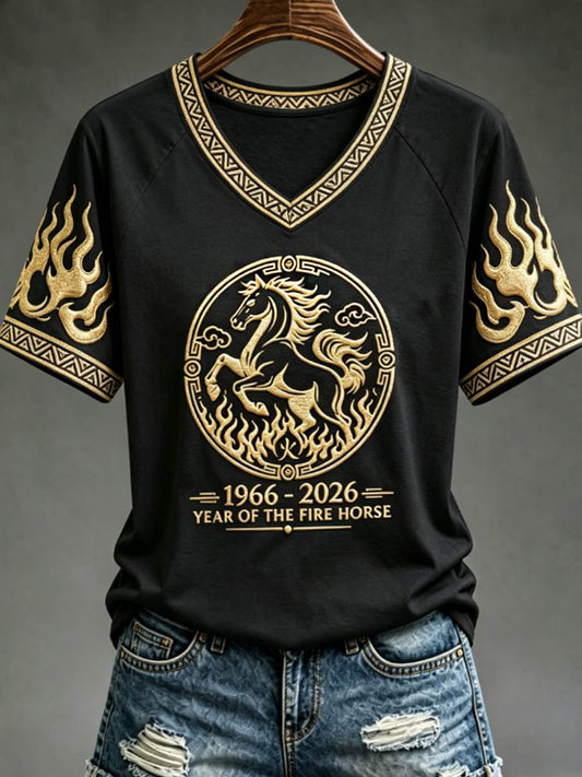Women's YEAR OF THE FIRE HORSE V-neck off-shoulder short-sleeved T-shirt
