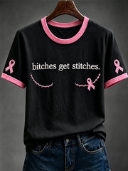 Women's Pink Ribbon Breast Cancer Awareness Art Print Short-sleeved T-shirt