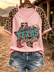Women's She's From Texas I Can Tell Print Casual V-Neck Tee