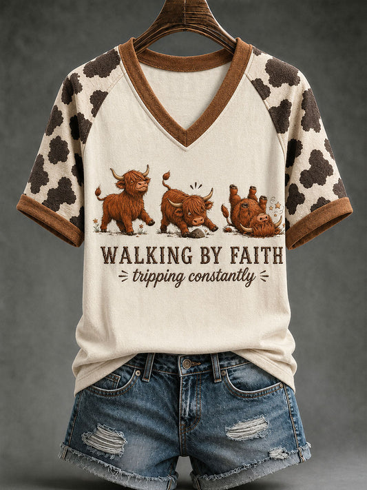Women's WalkingG By Faith Tripping Constantly Highland Cattle V-neck Off-shoulder Short-sleeved T-shirt