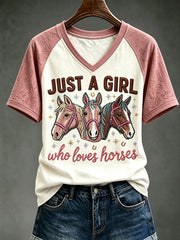 Women's Just A Girl Who Loves Horses Print V-neck Short-sleeved T-shirt