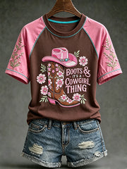Women's retro western style pattern printed casual short-sleeve T-shirt