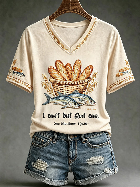 Women's Jesus 2 Fishes 5 Breads 5000 Chosen Against The Current Print Casual V-Neck Tee