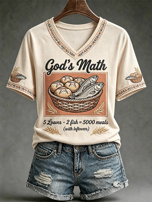 Women's Jesus 2 Fishes 5 Breads 5000 Chosen Against The Current Print Casual V-Neck Tee
