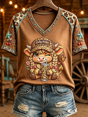 Women's Western Style Highland Cow Printed V-neck off-shoulder short-sleeved T-shirt