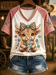 Women's Western Style Highland Cow Printed V-neck off-shoulder short-sleeved T-shirt