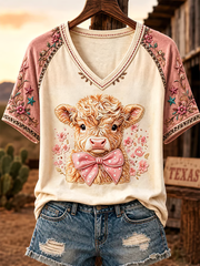 Women's Western Style Highland Cow Printed V-neck off-shoulder short-sleeved T-shirt