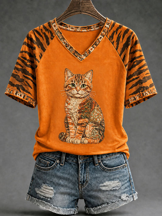 Women's Autumn Cat Print T-shirt