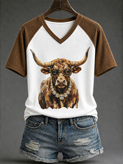 Women’s Western Glam Longhorn Print Casual T-Shirt