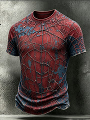 Men's cobweb pattern red and blue collision color design pattern printed casual short-sleeve T-shirt