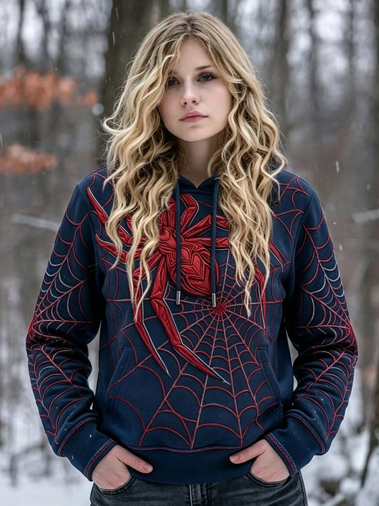 Women's Vintage Spider Print Comfy Hooded Sweatshirt with Pockets