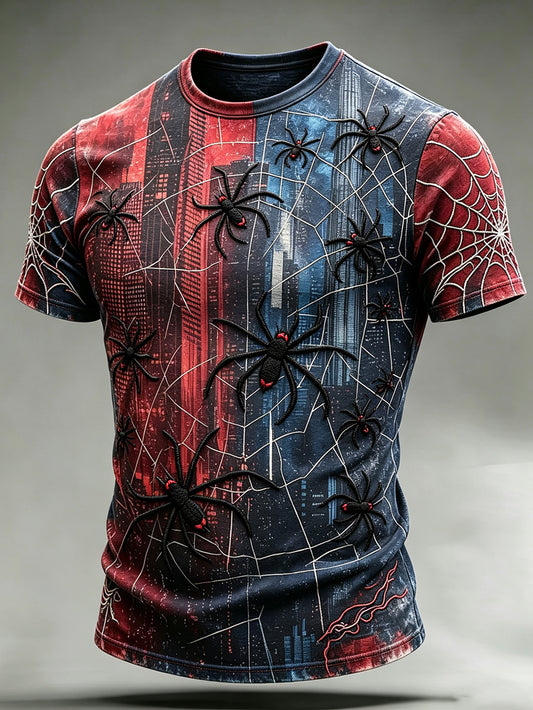 Men's spider pattern red and blue collision color design pattern printed casual short-sleeve T-shirt