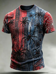 Men's spider pattern red and blue collision color design pattern printed casual short-sleeve T-shirt