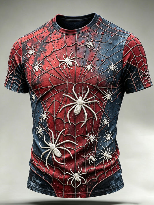 Men's spider pattern red and blue collision color design pattern printed casual short-sleeve T-shirt