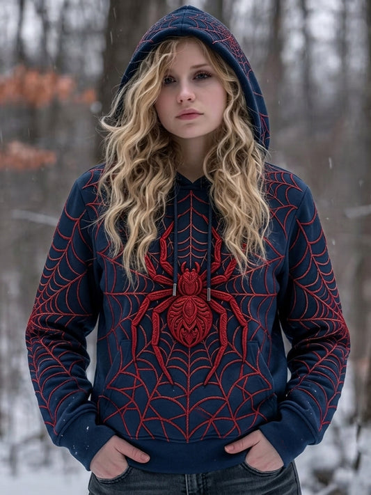 Women's Vintage Spider Print Comfy Hooded Sweatshirt with Pockets