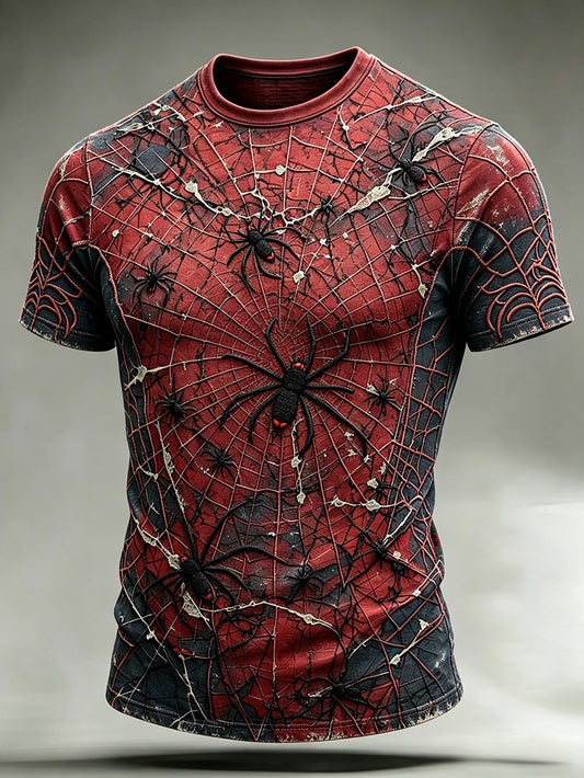 Men's spider pattern red and blue collision color design pattern printed casual short-sleeve T-shirt